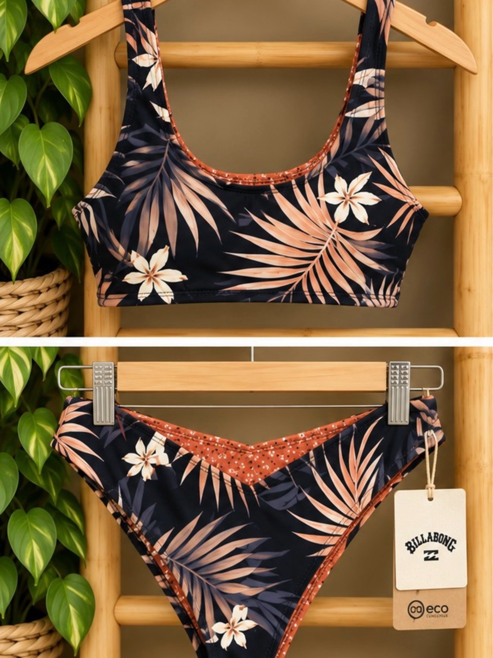 Billabong Safari Nights Reversible Bikini Set Black Tan NWT